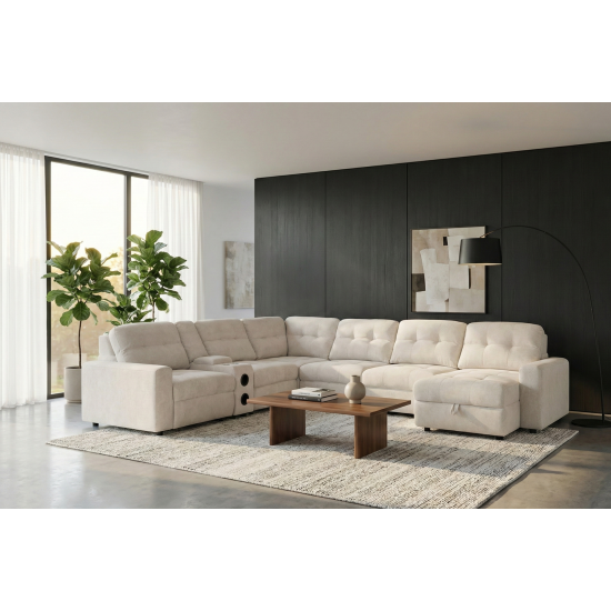 Affori 6S Corner with 3 Electric Slide-out Chaise & RHF Stoage Chaise with Entertainment Console in Palmanova Bone