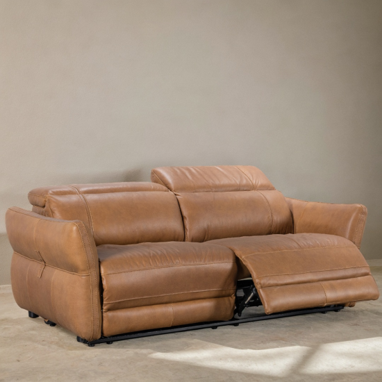 Pisa Power Motion Sofa with Power Headrests in Sterling Dark Tan Semi-Aniline Leather